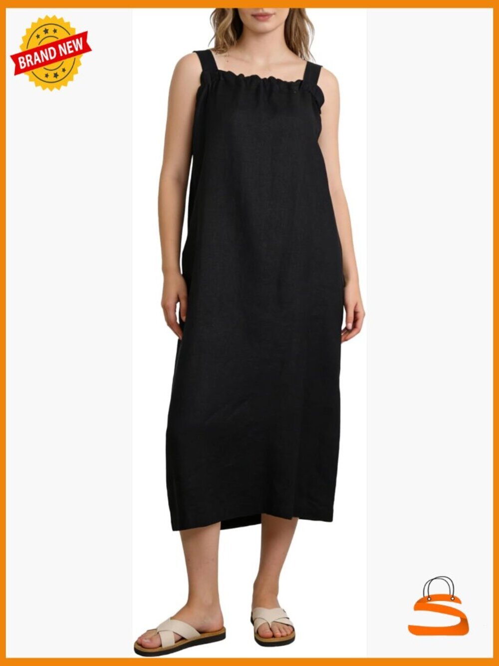100% Linen Square Neck Sleeveless Tie Strap Midi Dress with Pockets
